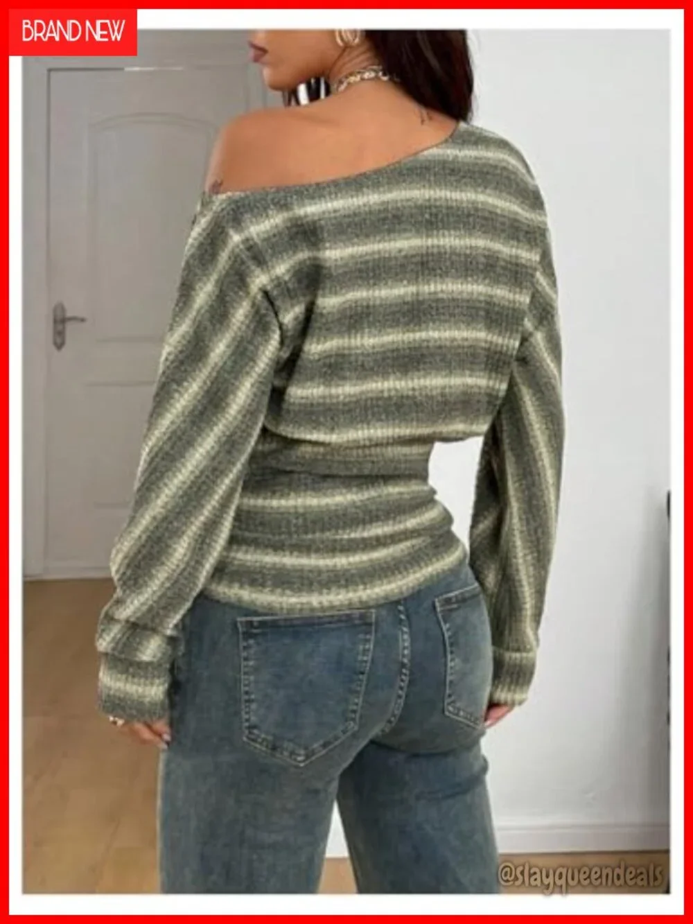 Off Shoulder Striped Cropped Long Sleeve Knit Pullover Sweater Top